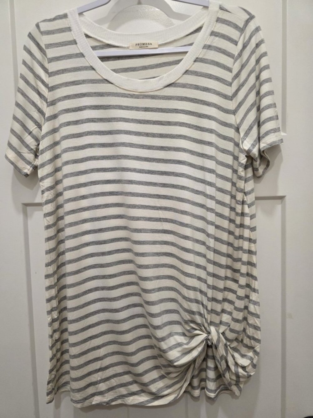 Promesa Crew Neck Striped Pullover L Shirt Ruched Side Knot Gray/White SS